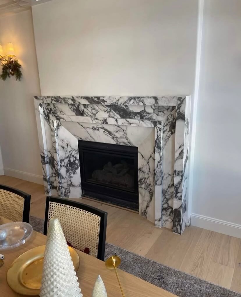 Arabescato Marble Fireplace Surround — custom stone countertop project by Chicago Stone Gallery, Addison IL
